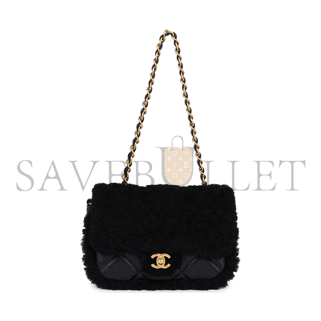 CHANEL MASTER MINI SHEARLING FLAP BAG BLACK LAMBSKIN BRUSHED GOLD HARDWARE AS5148 (18*12*6cm)
